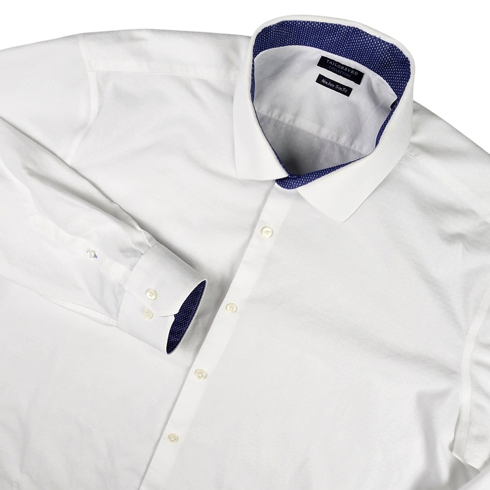 Tailorbyrd Button Up Shirt Non Iron Trim Fit Mens 18 34/35 White Contrast Office